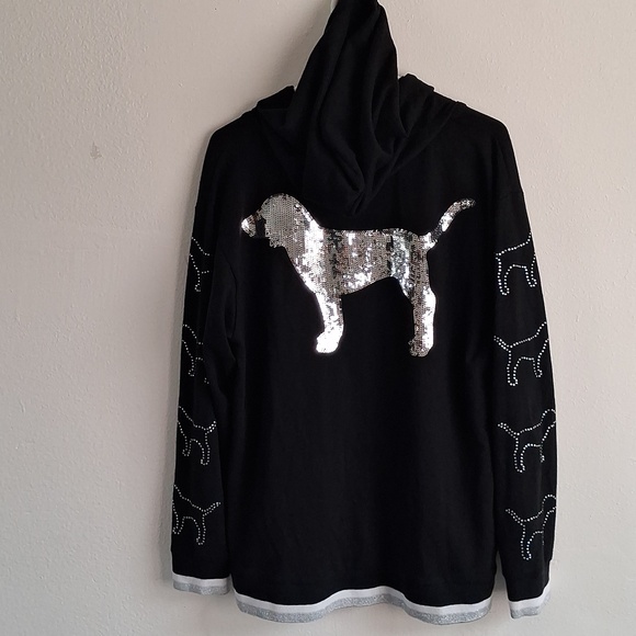 Victoria's Secret Sweaters - Victoria Secret Pink Campus Hoodie Bling Rhinestone Black Medium